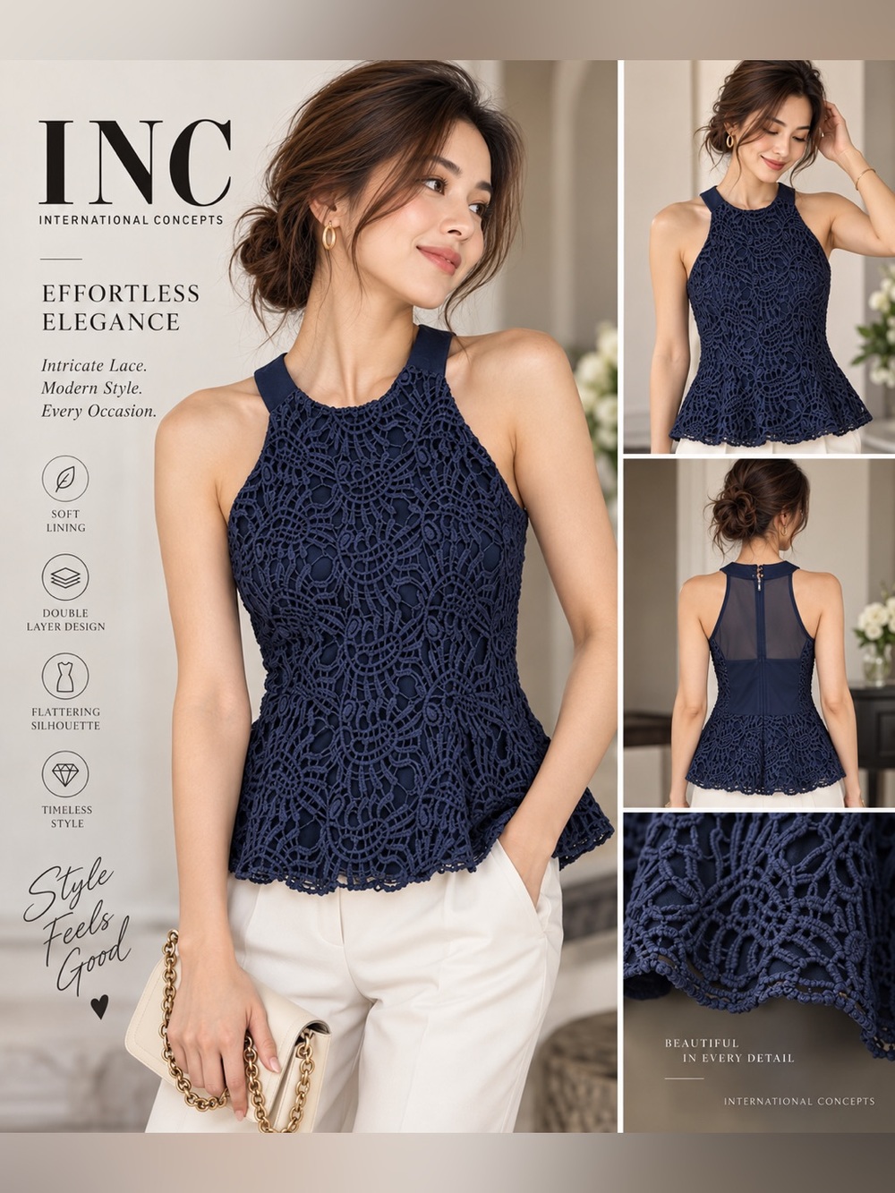 INC Navy Blue Lace Sleeveless Peplum Top XS New Unworn